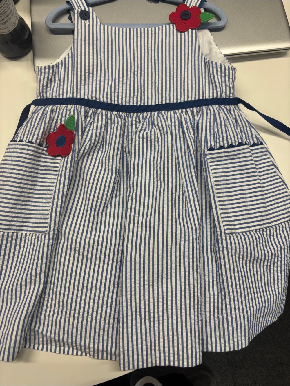 Florence Eiseman Blue & White Striped Dress with Red Flower Appliqués